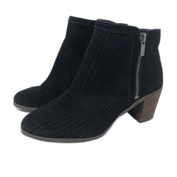 Lucky Brand Pagira Black Suede Ankle Boots Womens 8 Stacked Heel Double Side Zip - Picture 2 of 12